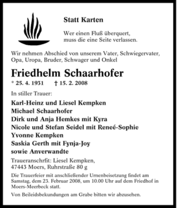 Traueranzeige von Friedhelm Schaarhofer von Tageszeitung