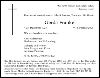 Traueranzeige von Gerda Franke von Tageszeitung