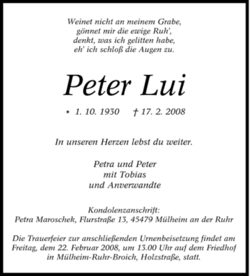 Traueranzeige von Peter Lui von Tageszeitung
