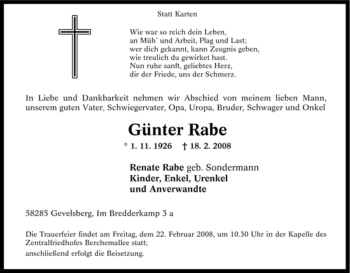 Traueranzeige von Günter Rabe von Tageszeitung
