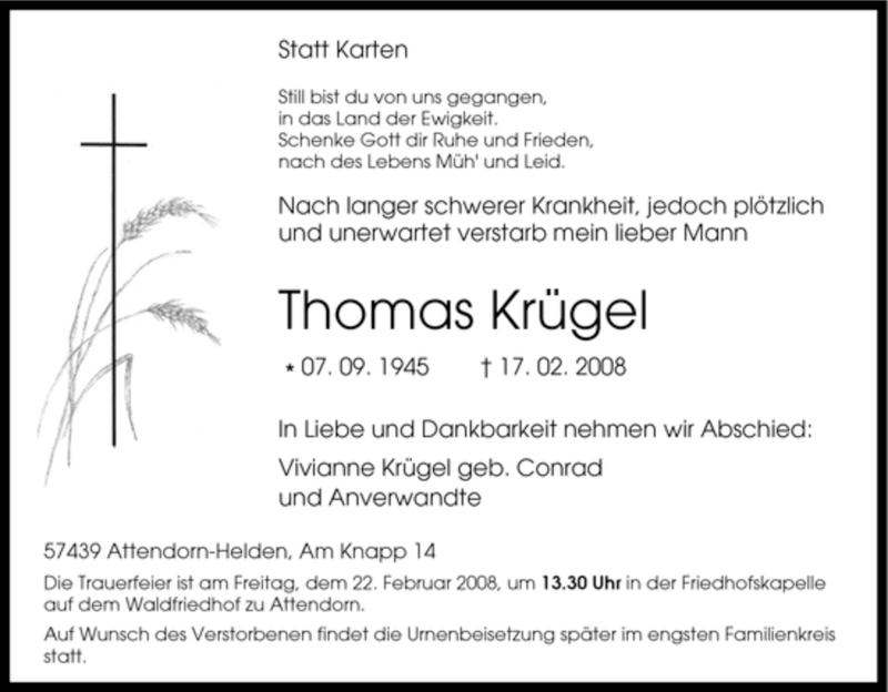  Traueranzeige für Thomas Krügel vom 19.02.2008 aus Tageszeitung