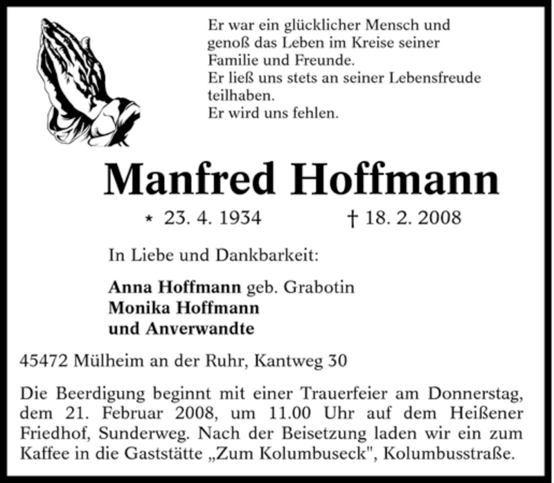  Traueranzeige für Manfred Hoffmann vom 19.02.2008 aus Tageszeitung