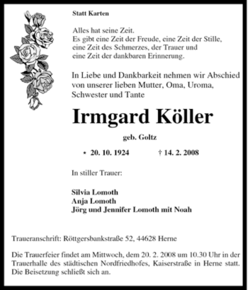 Traueranzeige von Irmgard Köller von Tageszeitung