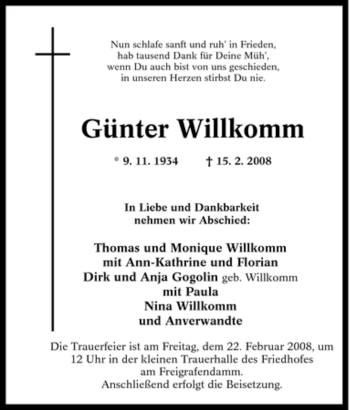 Traueranzeige von Günter Willkomm von Tageszeitung