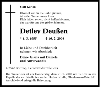 Traueranzeige von Detlev Deußen von Tageszeitung