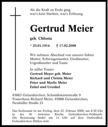 Traueranzeige von Gertrud Meier von Tageszeitung
