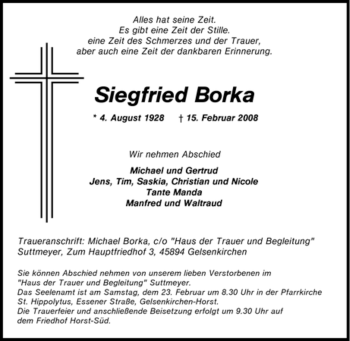 Traueranzeige von Siegfried Borka von Tageszeitung
