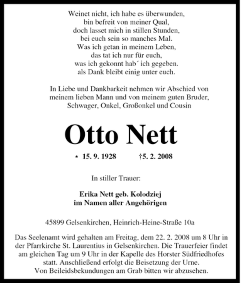  Traueranzeige für Otto Nett vom 19.02.2008 aus Tageszeitung