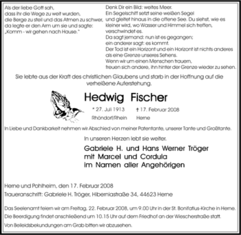 Traueranzeige von Hedwig Fischer von Tageszeitung