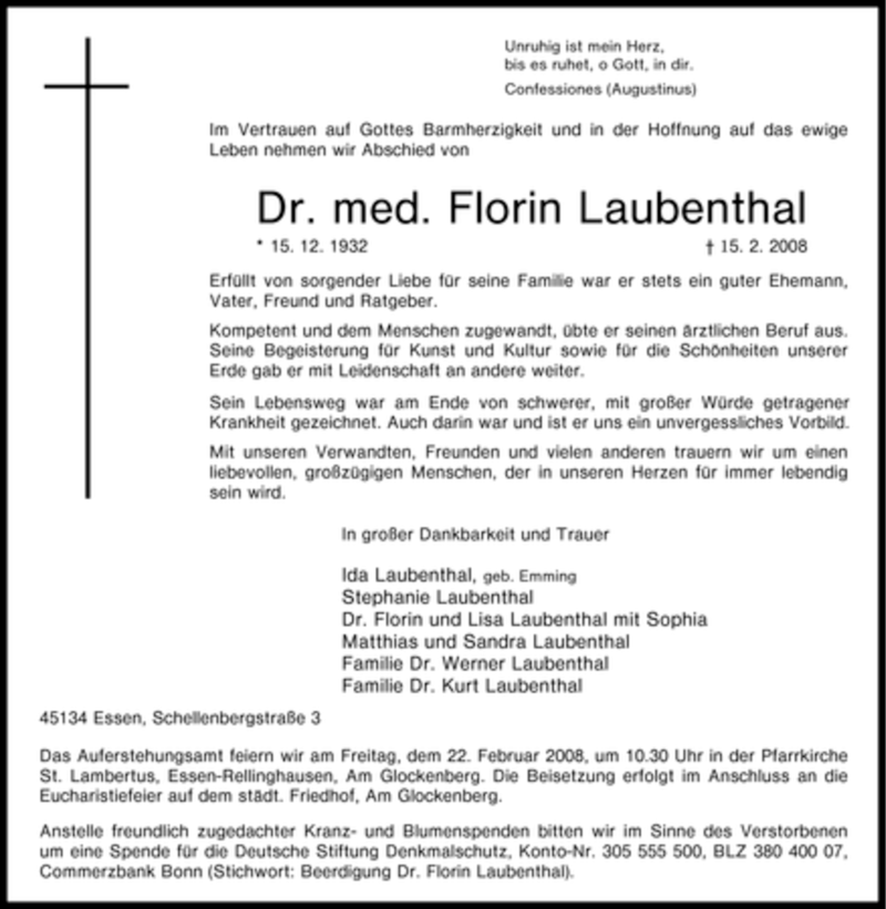  Traueranzeige für Florin Laubenthal vom 19.02.2008 aus Tageszeitung