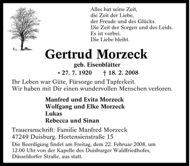  Traueranzeige für Gertrud Morzeck vom 19.02.2008 aus Tageszeitung