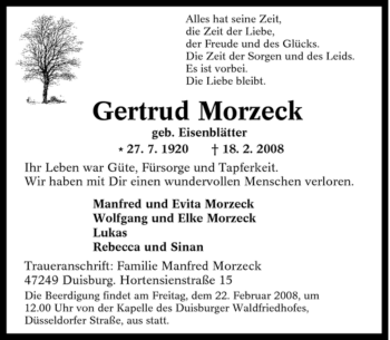 Traueranzeige von Gertrud Morzeck von Tageszeitung