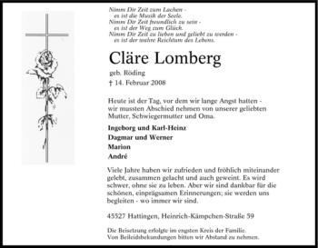 Traueranzeige von Cläre Lomberg von Tageszeitung