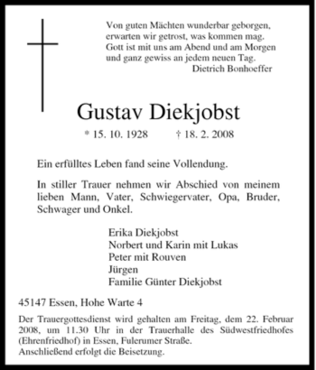 Traueranzeige von Gustav Diekjobst von Tageszeitung