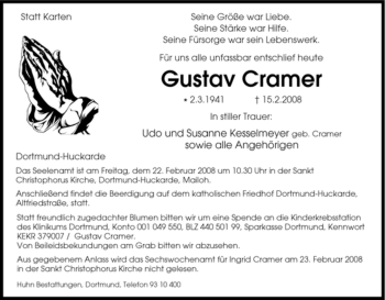 Traueranzeige von Gustav Cramer von Tageszeitung