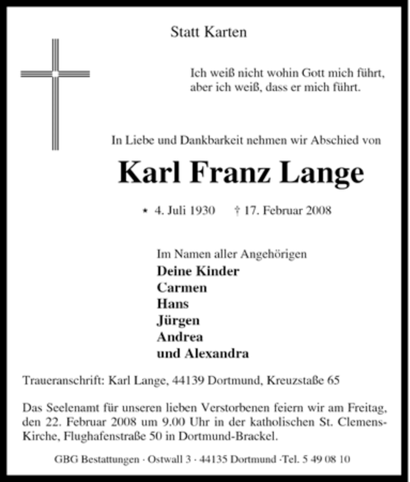  Traueranzeige für Klaus Franz Lange vom 20.02.2008 aus Tageszeitung