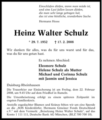 Traueranzeige von Heinz Walter Schulz von Tageszeitung