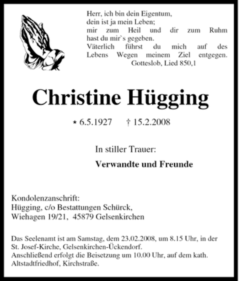  Traueranzeige für Christine Hügging vom 20.02.2008 aus Tageszeitung
