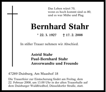 Traueranzeige von Bernhard Stahr von Tageszeitung