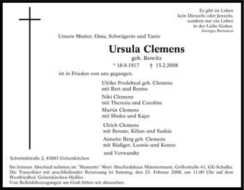 Traueranzeige von Ursula Clemens von Tageszeitung