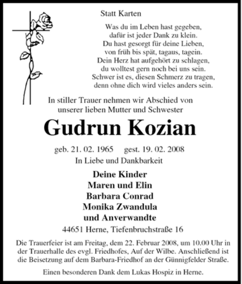  Traueranzeige für Gudrun Kozian vom 20.02.2008 aus Tageszeitung