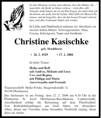 Traueranzeige von Christine Kasischke von Tageszeitung