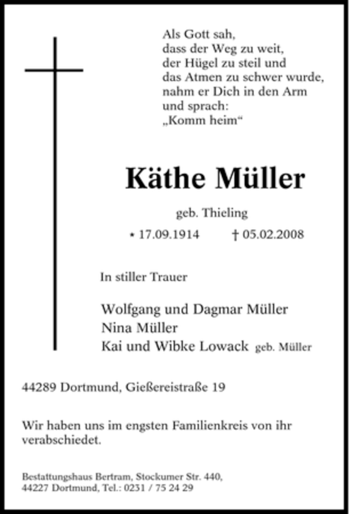  Traueranzeige für Käthe Müller vom 20.02.2008 aus Tageszeitung