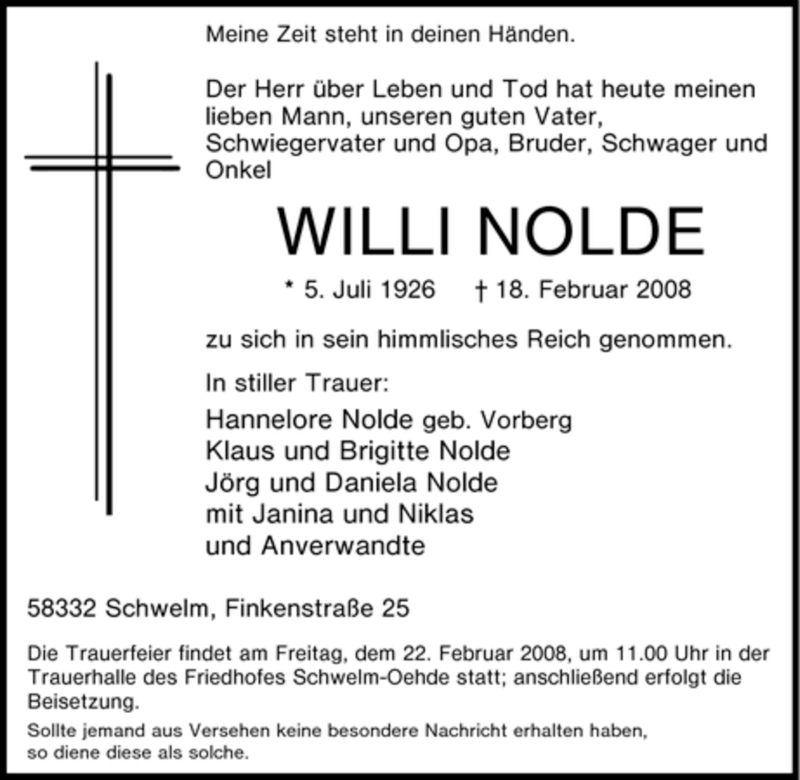  Traueranzeige für Willi Nolde vom 20.02.2008 aus Tageszeitung