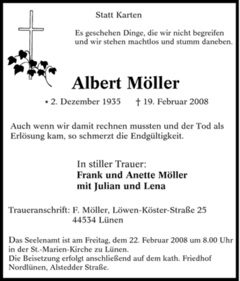 Traueranzeige von Albert Möller von Tageszeitung