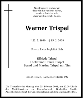 Traueranzeige von Werner Trispel von Tageszeitung