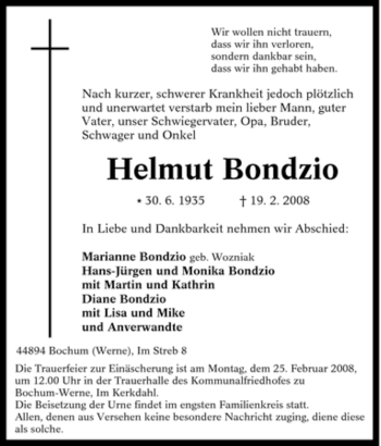 Traueranzeige von Helmut Bondzio von Tageszeitung
