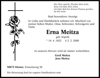 Traueranzeige von Erna Meitza von Tageszeitung