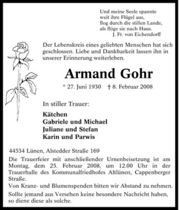 Traueranzeige von Armand Gohr von Tageszeitung