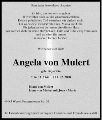 Traueranzeige von Angela von Mulert von Tageszeitung