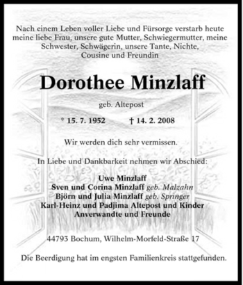 Traueranzeige von Dorothee Minzlaff von Tageszeitung