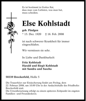Traueranzeige von Else Kohlstadt von Tageszeitung