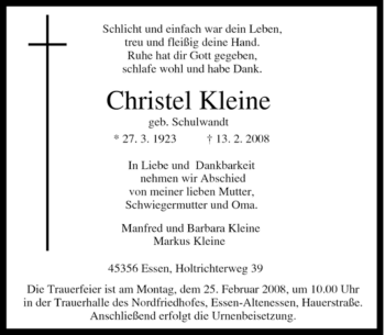 Traueranzeige von Christel Kleine von Tageszeitung