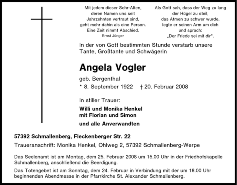  Traueranzeige für Angela Vogler vom 21.02.2008 aus Tageszeitung