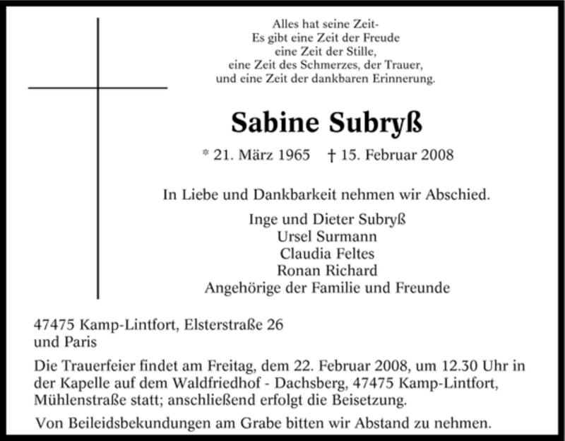  Traueranzeige für Sabine Subryß vom 21.02.2008 aus Tageszeitung