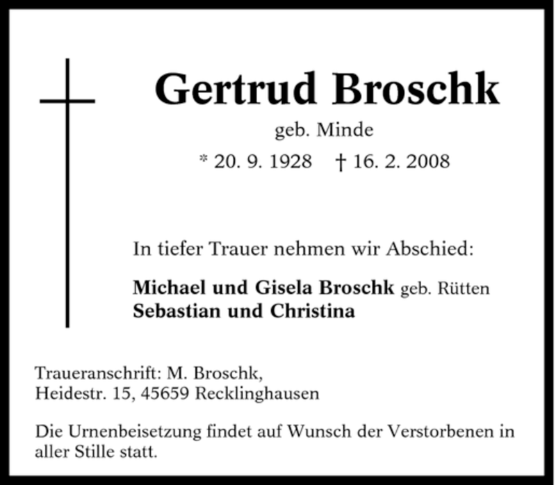  Traueranzeige für Gertrud Broschk vom 22.02.2008 aus Tageszeitung