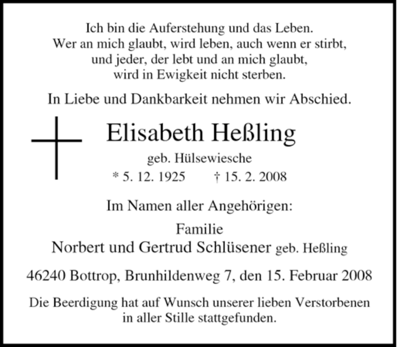  Traueranzeige für Elisabeth Heßling vom 22.02.2008 aus Tageszeitung