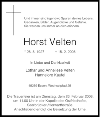 Traueranzeige von Horst Velten von Tageszeitung