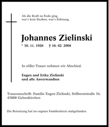 Traueranzeige von Johannes Zielinski von Tageszeitung