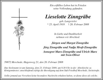 Traueranzeige von Lieselotte Zinngräbe von Tageszeitung