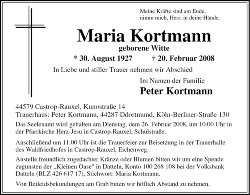  Traueranzeige für Maria Kortmann vom 22.02.2008 aus Tageszeitung