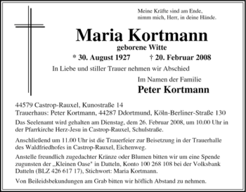 Traueranzeige von Maria Kortmann von Tageszeitung