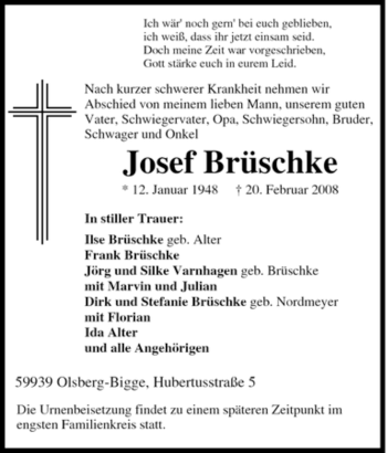 Traueranzeige von Josef Brüschke von Tageszeitung