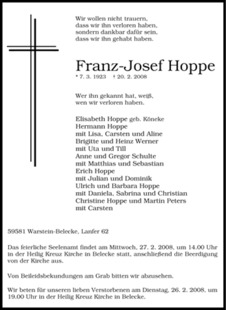  Traueranzeige für Franz-Josef Hoppe vom 22.02.2008 aus Tageszeitung