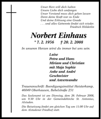 Traueranzeige von Norbert Einhaus von Tageszeitung