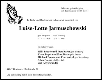 Traueranzeige von Luise-Lotte Jarmuschewski von Tageszeitung